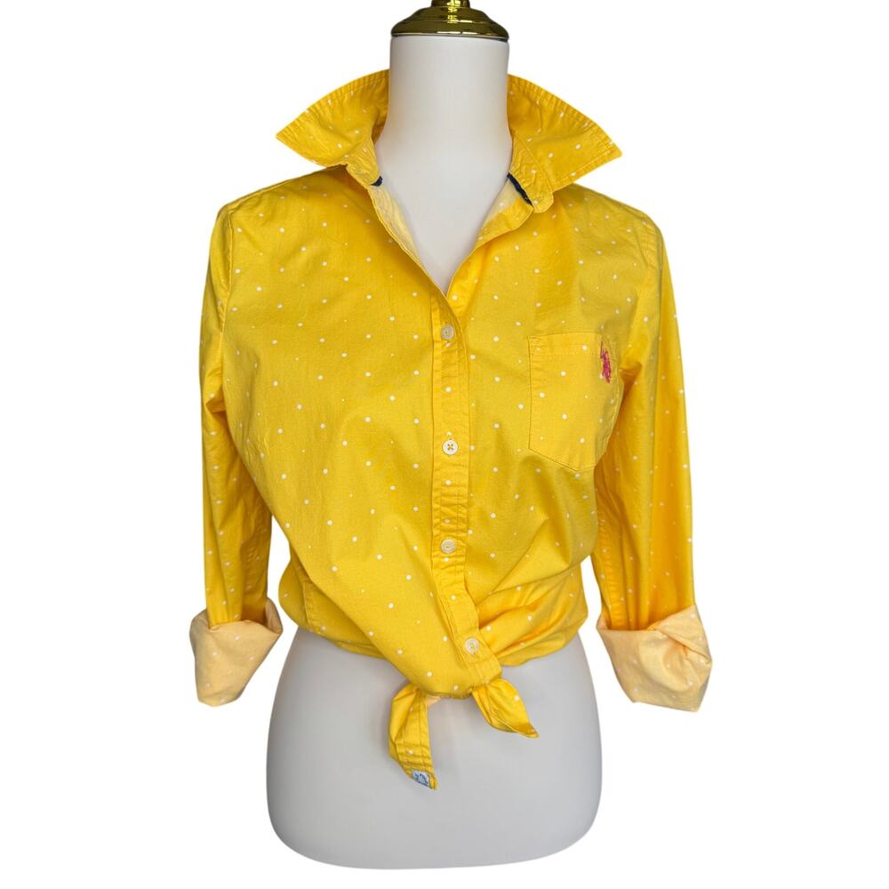 Woman's U.S. Polo Assn Yellow Polka Dot Button Down Shirt Stretch Cotton Medium